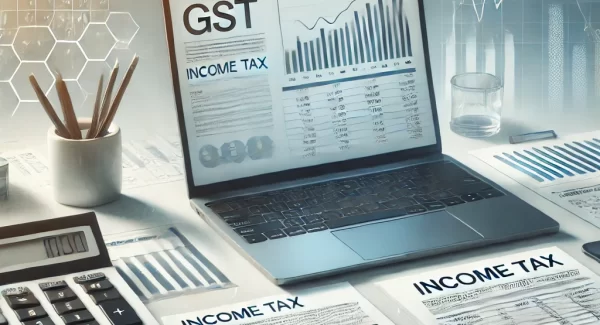 DALL&middot;E 2025-03-05 00.55.27 - A professional and modern digital illustration representing GST and income tax filing for an accountant's website. The image features a workspace with